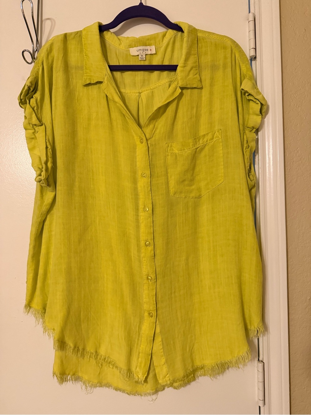 Umgee Neon Lime Button-Front Short Sleeve Shirt